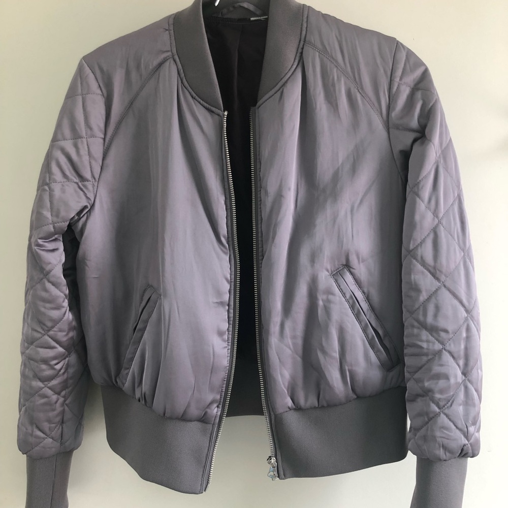 Purple satin shrunken bomber jacket